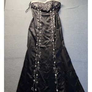 Niki Livas Maxi Gown Womens 6 Black Silver Embroidered Strapless Prom Formal Y2K